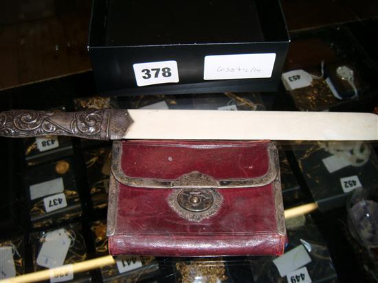 Silver handled letter knife and silver mounted purse